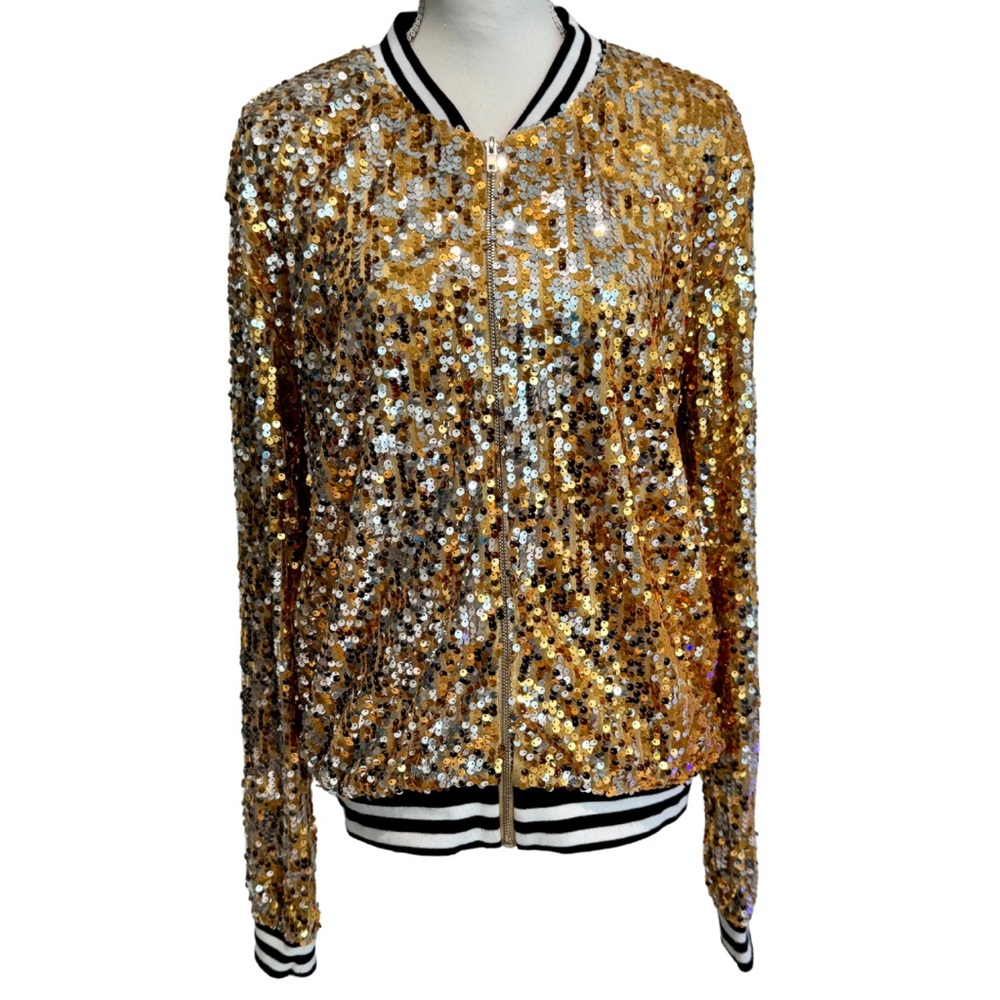 Gold Sequin Bomber Style Jacket | Sporty meets Glam! (XL) - Picture 4 of 16